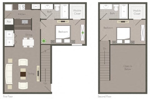 Floor plan for 2 beds, 2 baths, 1053 sqft